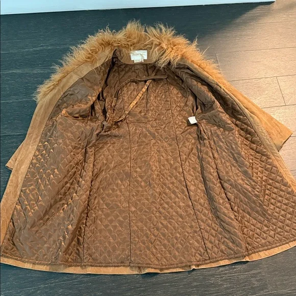 Tan Suede Coat with Mongolian Fur Collar - Picture 5 of 9